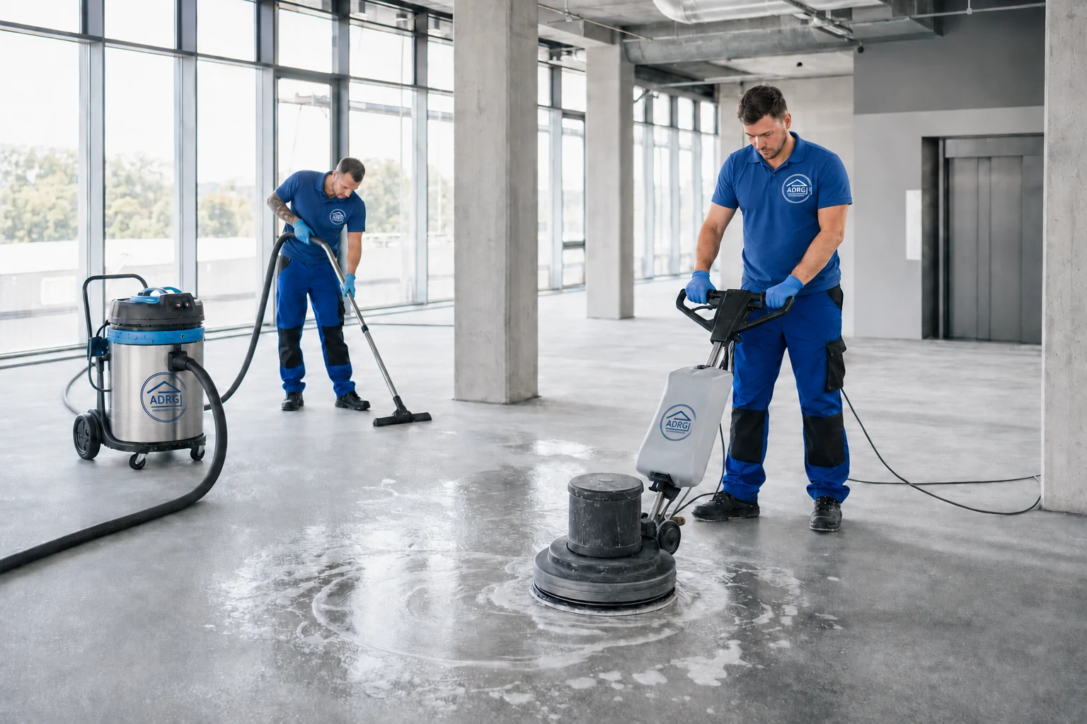 Grundreinigung mit Einscheibenmaschine in Forchheim ADRG Team bei der Grundreinigung eines Industriefußbodens