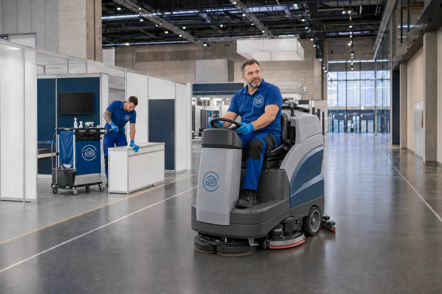 Industrie- und Hallenreinigung Forchheim ADRG Aufsitz-Scheuersaugmaschine in einer großen Halle